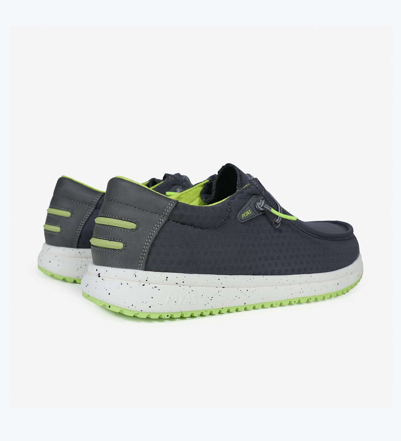 Hive Ultralight Wally boat shoes with elastic laces, supportive heel, and shock-absorbent sole in grey and green tones.