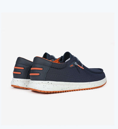 Hive Ultralight Wally shoes with navy airflow upper, orange accents, white EVA sole, and rubber outsole for grip and comfort.