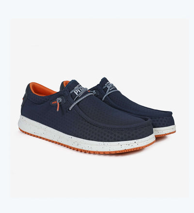 Hive Ultralight Wally navy boat shoes with elastic laces and breathable upper, featuring ultralight EVA sole and high-grip rubber outsole.