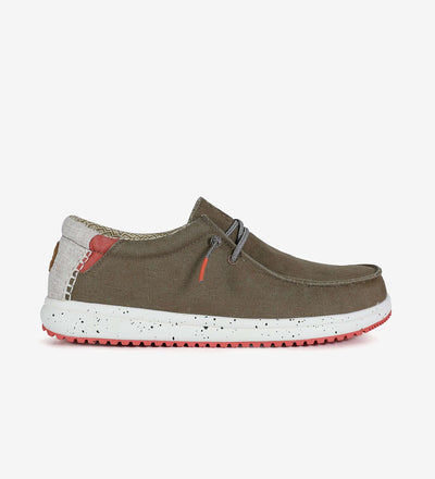 Olive green Nias Ultralight Wally boat shoe with elastic laces, breathable cotton lining, and contrast wave grip rubber outsole.