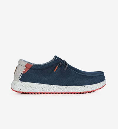 Nias Ultralight Wally boat shoe with easy-on elastic laces, 100% cotton upper, and wave hi-grip rubber outsole in blue and white.