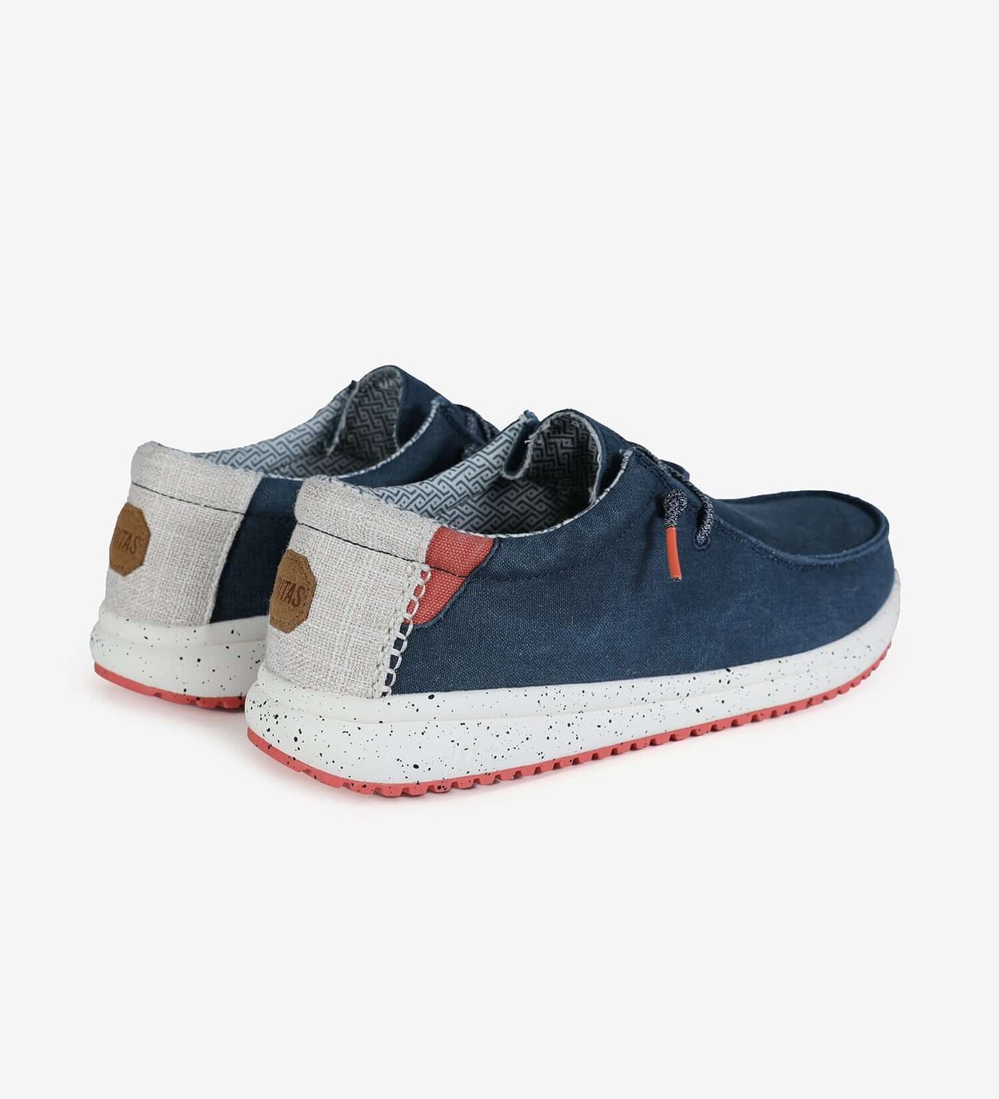 Nias Ultralight Wally boat shoes with easy-on elastic laces, navy and beige color, featuring breathable cotton lining and high-grip rubber outsole.