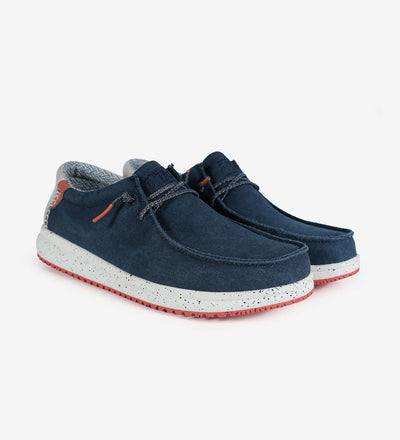 Nias Ultralight Wally boat shoes with easy-on elastic laces, navy cotton upper, and color contrast rubber outsole.