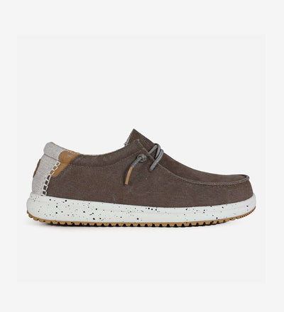 Nias Ultralight Wally boat shoe with elastic laces, brown cotton upper, and EVA sole featuring a wave hi-grip rubber outsole.