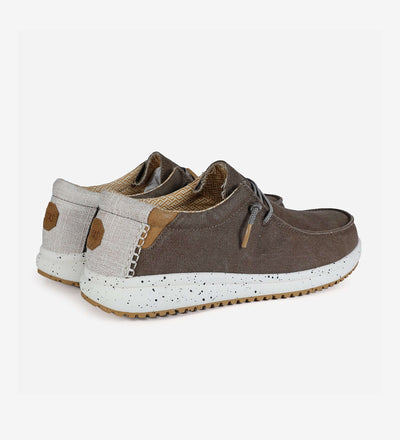 Nias Ultralight Wally boat shoes with cotton upper, elastic laces, and wave hi-grip rubber outsole in brown and grey tones.