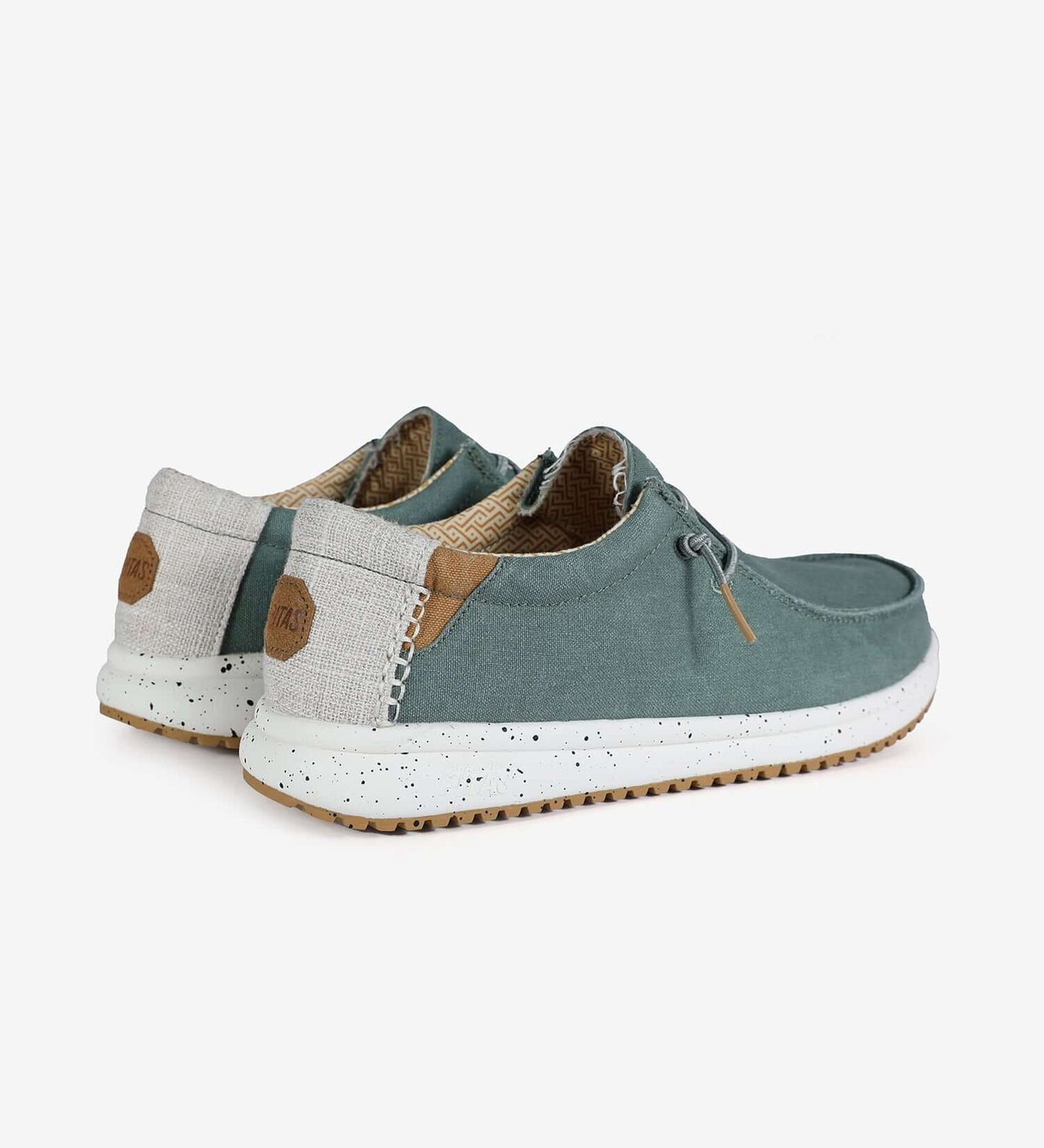 Nias Ultralight Wally boat shoes with green cotton upper, elastic laces, and color contrast rubber outsole, side and back view.