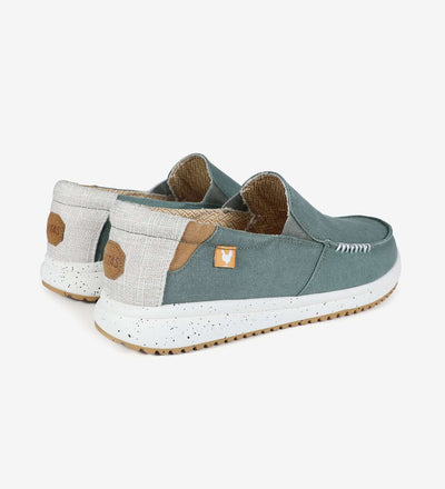 Intaki Ultralight Loafers with heel pulls, green cotton upper, and contrast rubber outsole; perfect slip-on shoes for a comfy summer lifestyle.