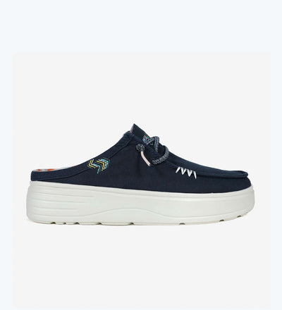 Navy Caparica Ultralight Platform Mules with adjustable elastic laces, 100% cotton upper, and 4cm shock absorbent EVA sole.