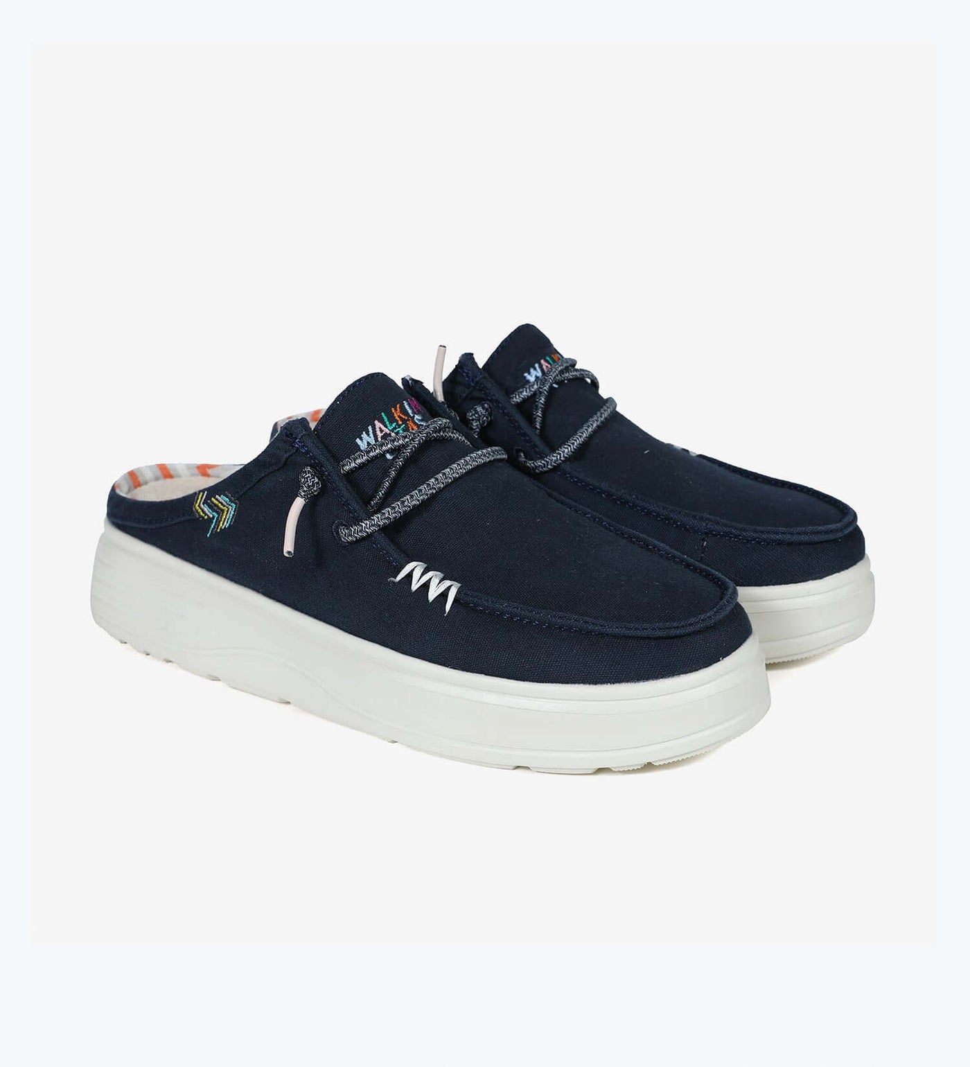 Caparica Ultralight Platform Mules in navy with elastic laces, 4cm platform EVA sole, and breathable cotton upper for summer comfort.