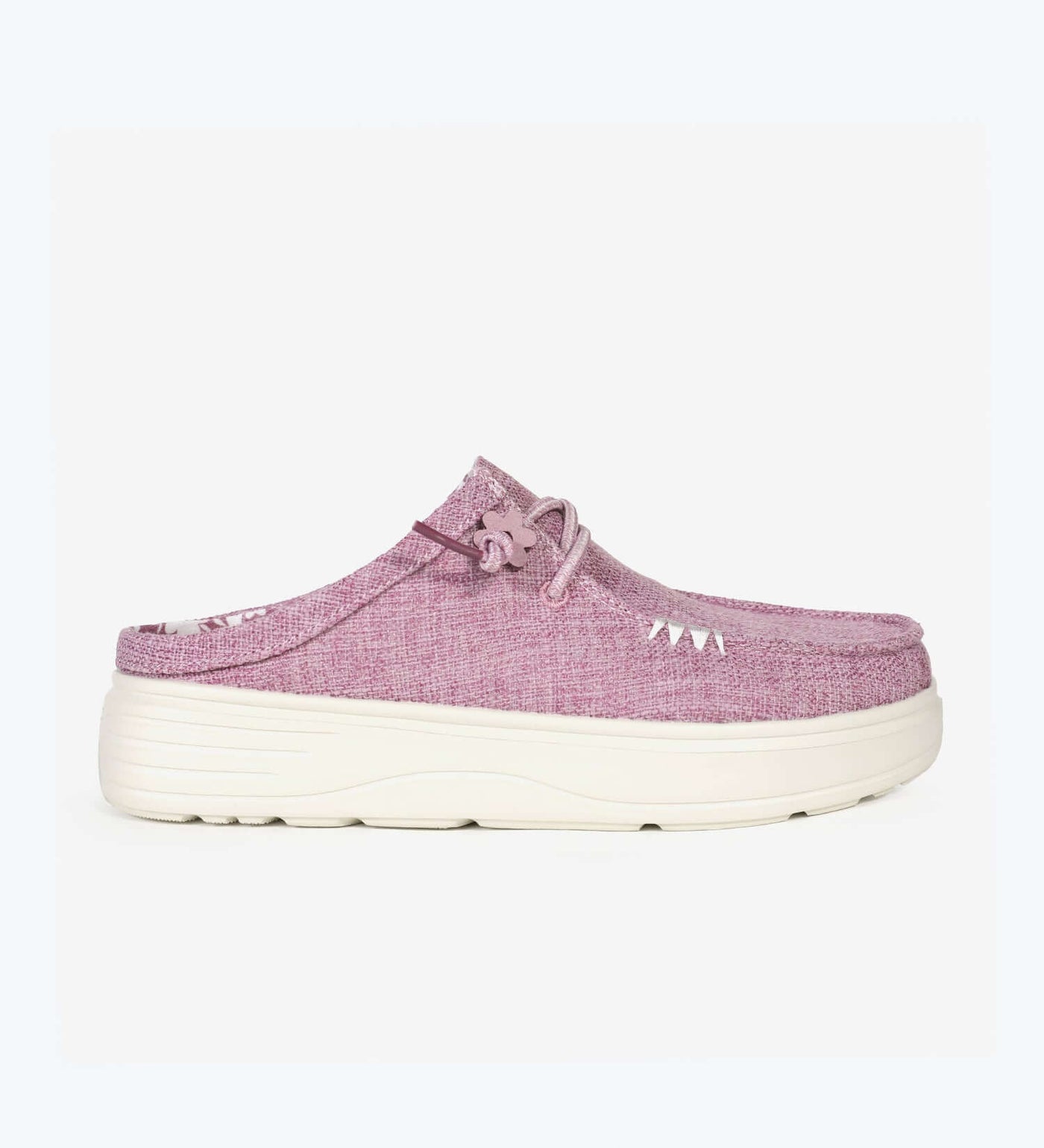 Faro Ultralight Platform Mules in pink with elastic laces, breathable linen-cotton blend upper, and 4cm shock absorbent sole.