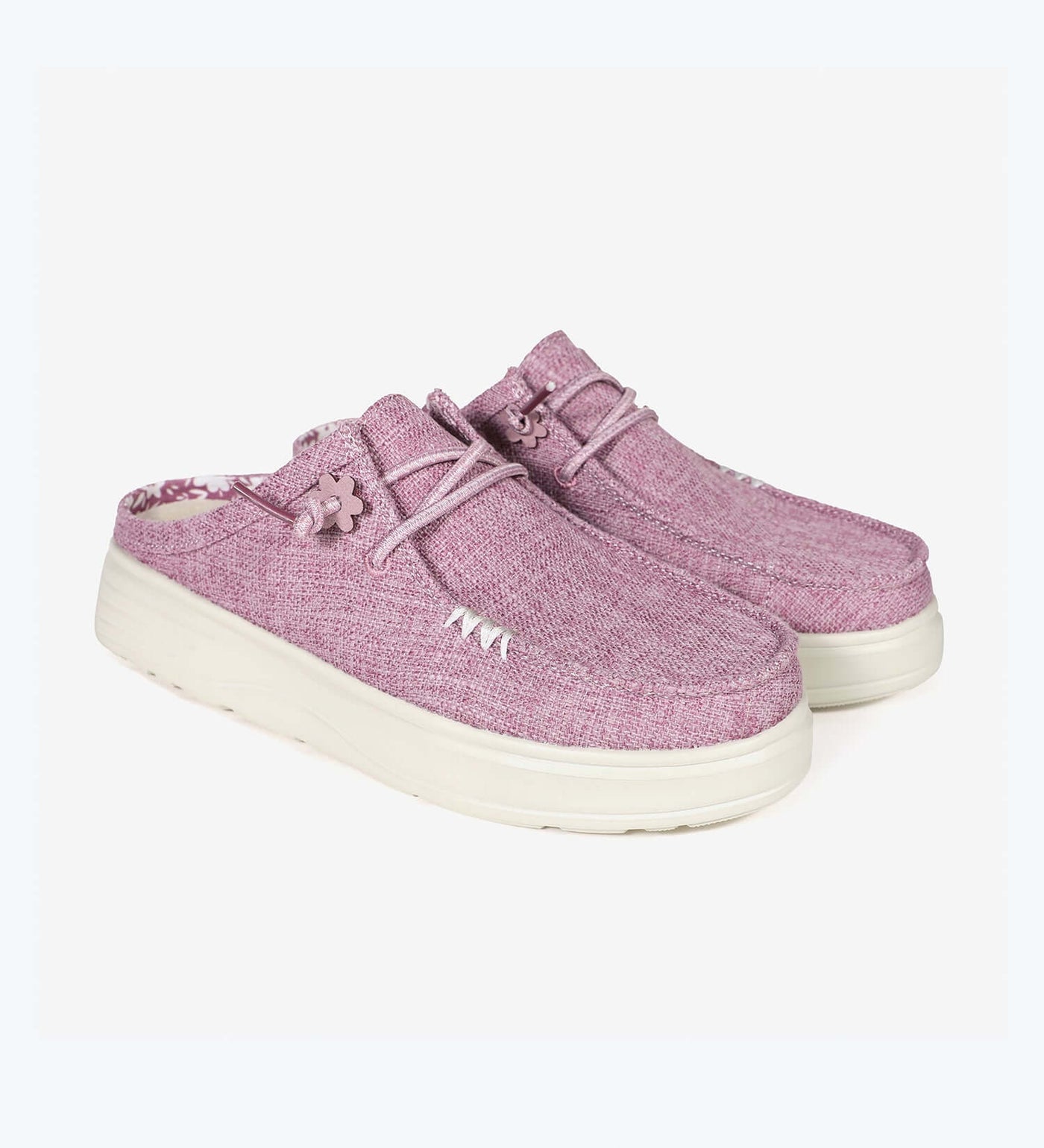 Faro Ultralight Platform Mules in pink with elastic laces, breathable linen-cotton upper, and shock absorbent EVA sole. Perfect summer slip-ons.