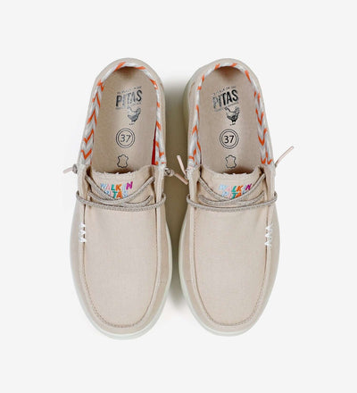 Natal ultralight platform wallys with beige cotton upper, elastic laces, and colorful lining, featuring a 4cm EVA sole for summer comfort.