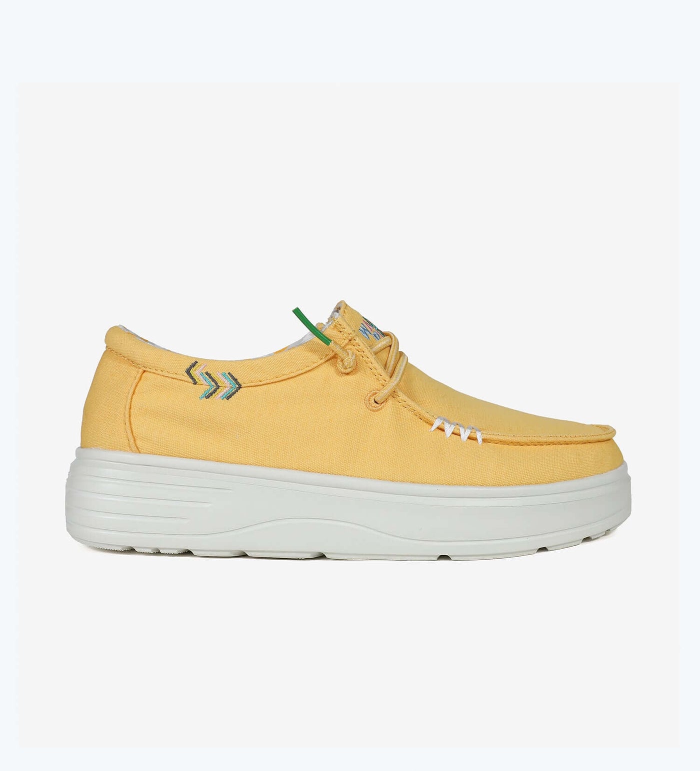 Natal Ultralight Platform Wallys in yellow, featuring adjustable elastic laces, 100% cotton upper, and 4cm shock absorbent EVA sole.