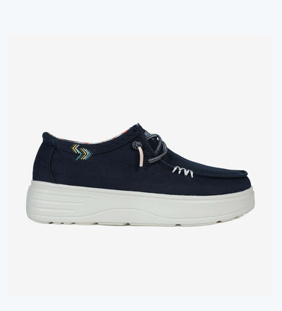 Natal Ultralight Platform Wallys with navy cotton upper and elastic laces, featuring a 4cm shock-absorbent EVA sole for summer comfort.