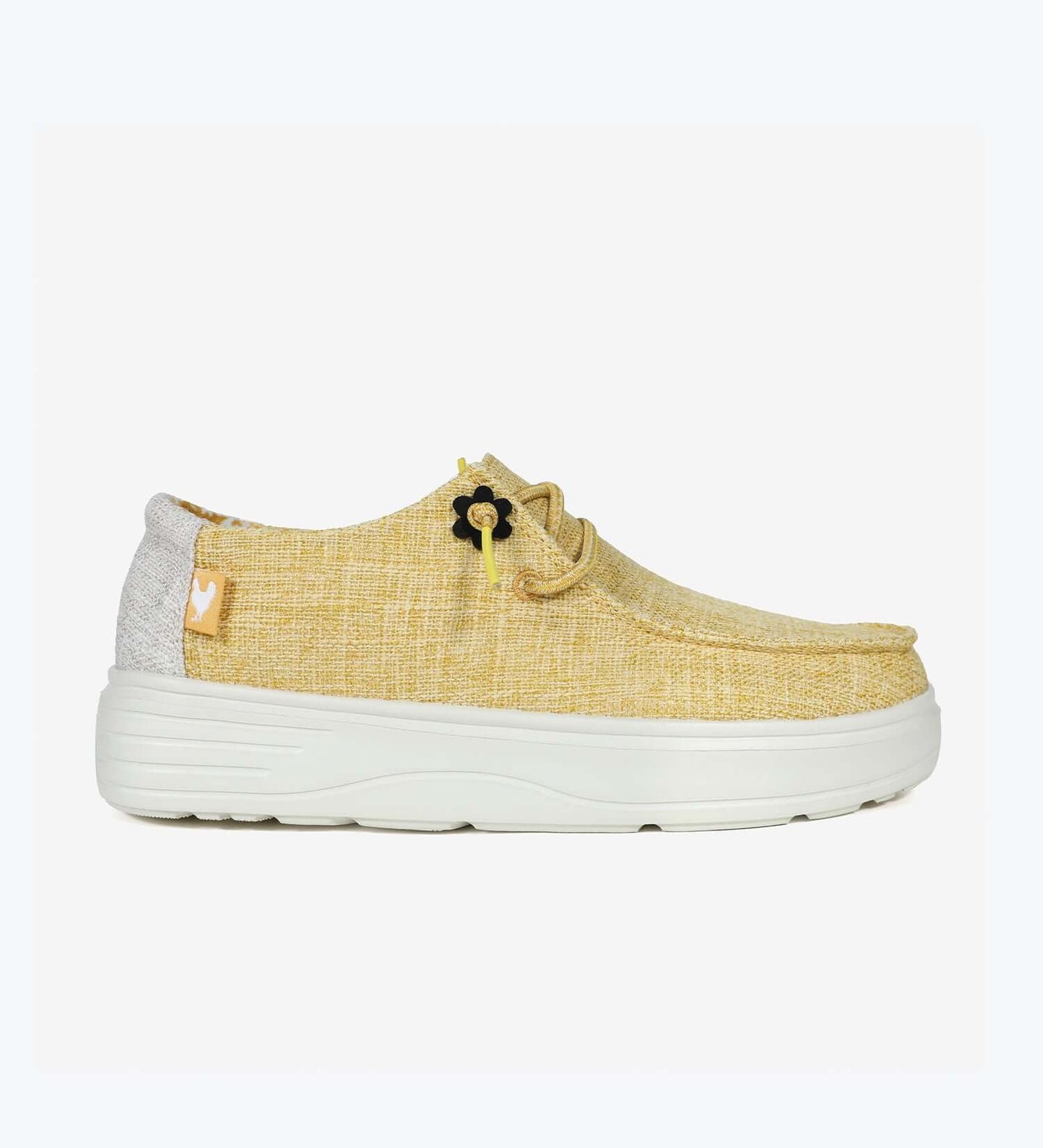 Nazare Ultralight Platform Wallys in yellow with easy-on elastic laces and 4 cm shock absorbent EVA sole, perfect for summer comfort.