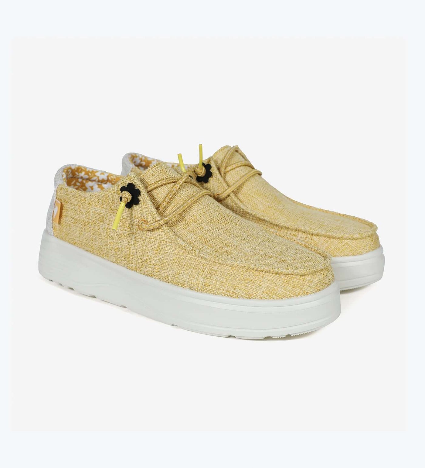 Yellow Nazare Ultralight Platform Wallys with 4cm shock absorbent EVA sole, featuring easy-on elastic laces and linen mix upper.