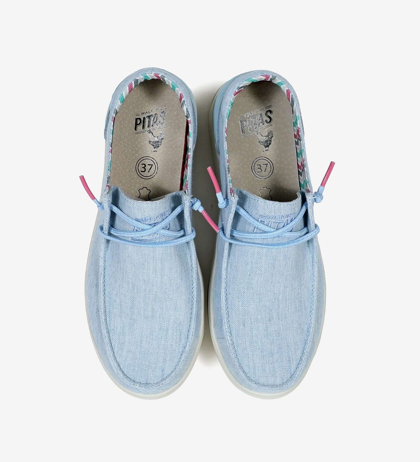 Recife Ultralight Platform Wallys in light blue with elastic laces and breathable cotton for summer comfort, top view.