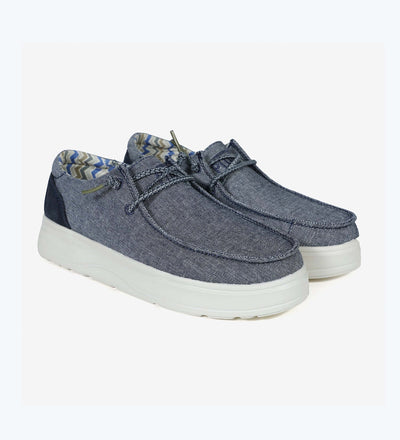 Recife Ultralight Platform Wallys with elastic laces, blue cotton upper, EVA sole, and supportive heel counter for summer comfort.