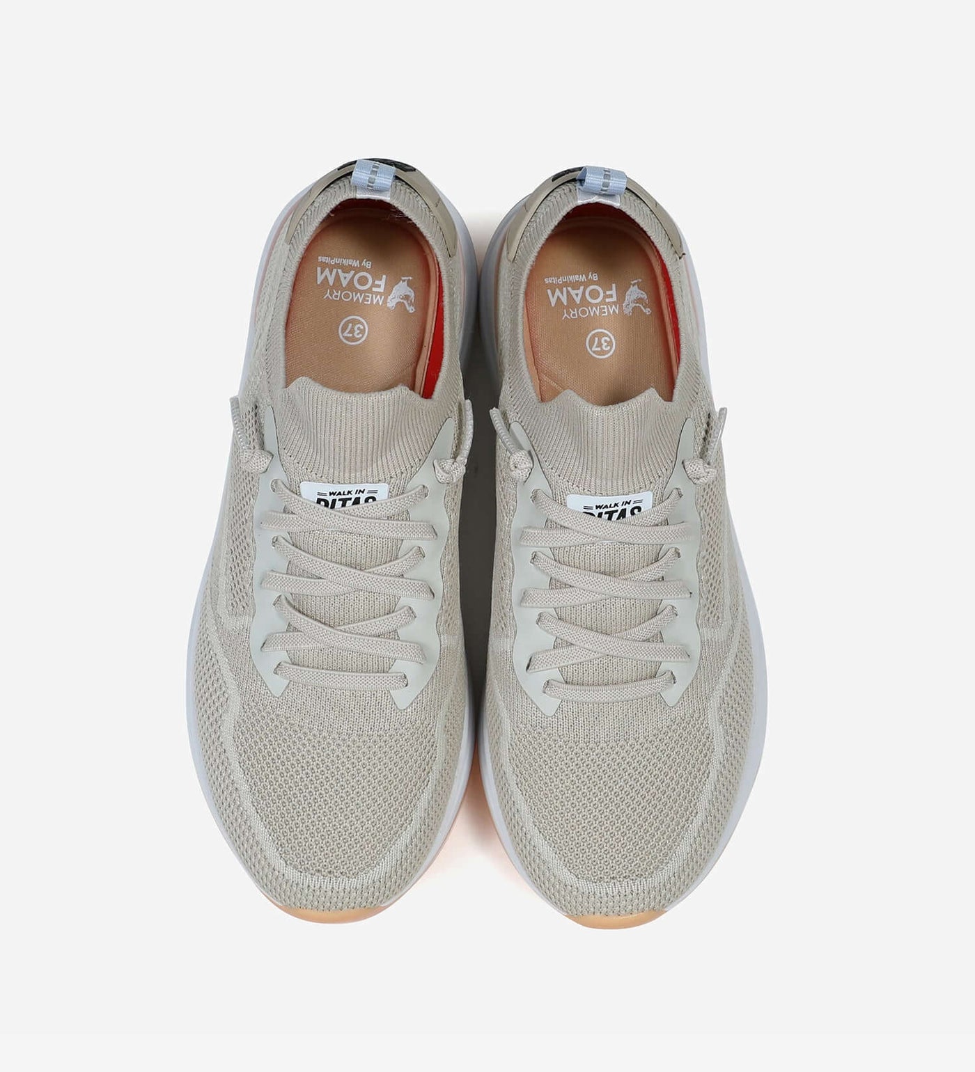 Beige Cue Women's Sneakers by Pitas with mesh fabric, elasticated no-tie laces, soft heel cups, and ultralight EVA sole.