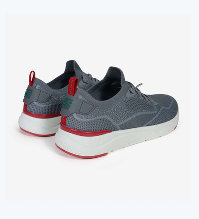 Gray Cue Men’s Sneakers with red accents, mesh upper, elasticated laces, and ultralight EVA sole designed for comfort and style.