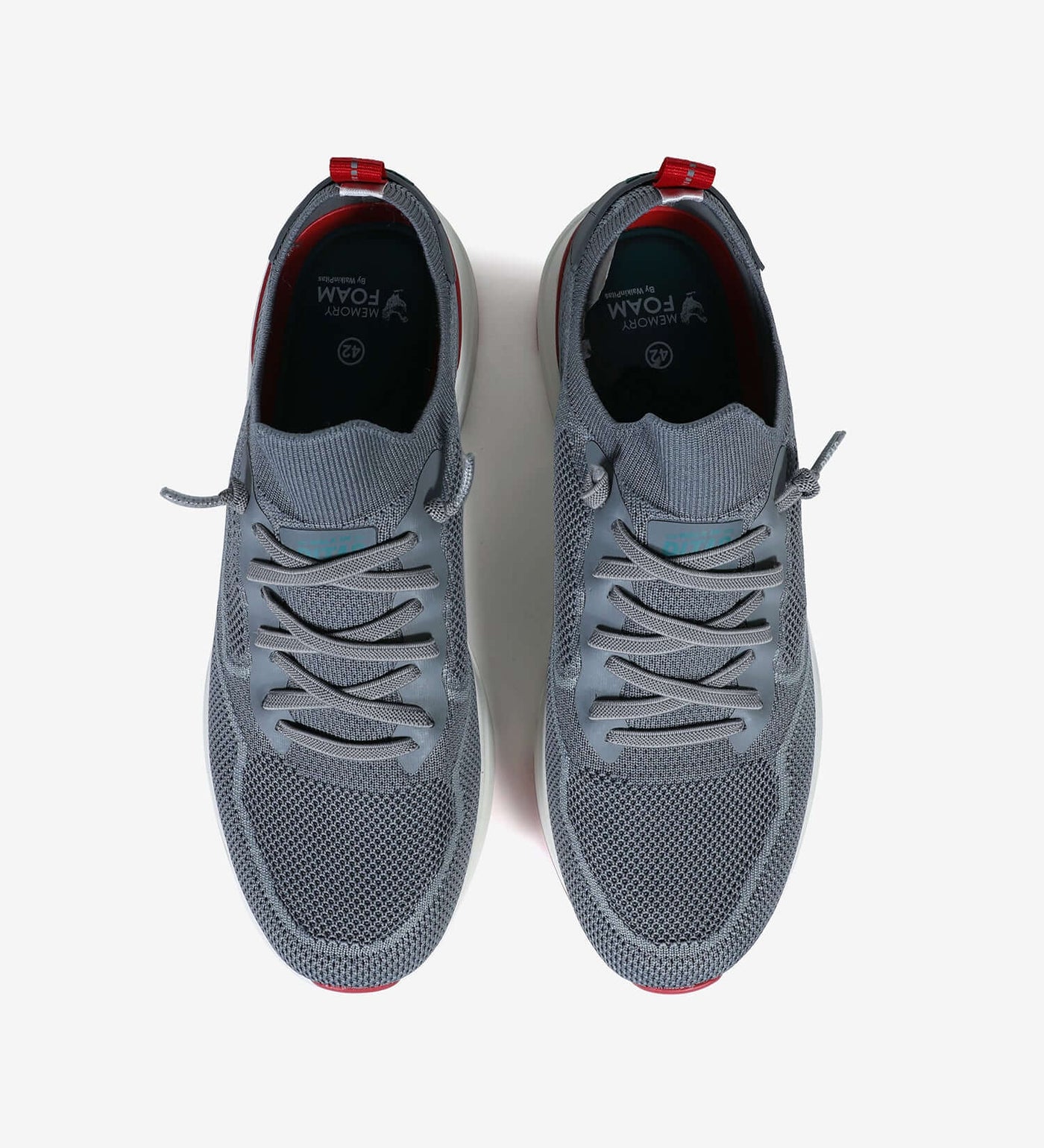 Gray Cue Men’s Sneakers with mesh fabric, pull-on heel loops, and elastic no-tie laces, featuring ultralight EVA sole and memory foam insole.