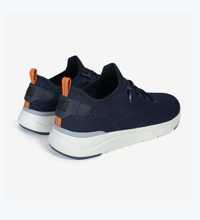 Cue Men's Sneakers with blue mesh fabric, memory foam, no-tie laces, and ultralight EVA sole for comfort.