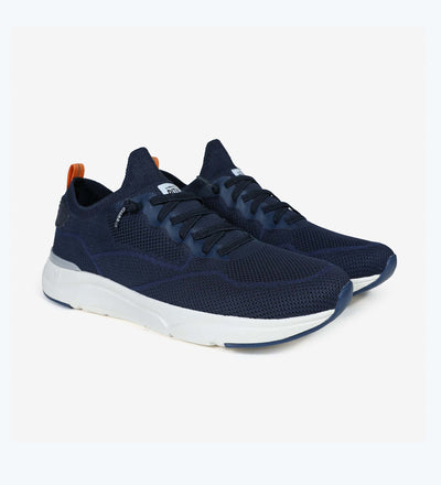 Navy Cue men's sneakers with mesh upper, elastic laces, ultralight EVA sole, and memory foam insole for all-day comfort.