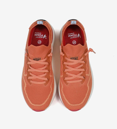 Women's orange Pitas sneakers with memory foam insoles and ultralight EVA soles, featuring easy-on flat laces and mesh fabric upper.