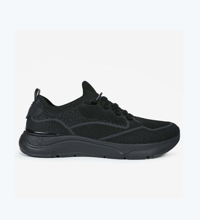 Black Cue Men’s Sneakers by Pitas featuring mesh upper, memory foam insole, and ultralight EVA sole for SS24 comfort.