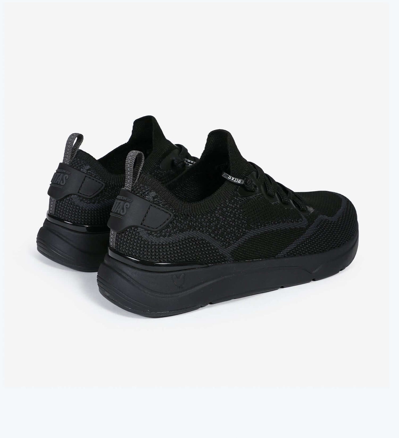 Black Cue women's sneakers by Pitas with mesh upper, pull-on heel loops, and ultralight EVA sole for comfort and style.