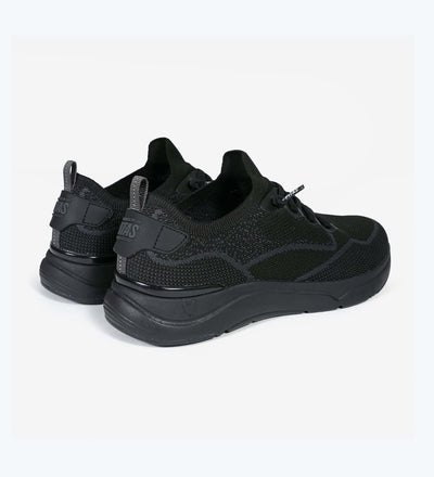 Black Cue Men’s Sneakers with mesh fabric, memory foam insole, elasticated no tie laces, and ultralight EVA sole for all-day comfort.