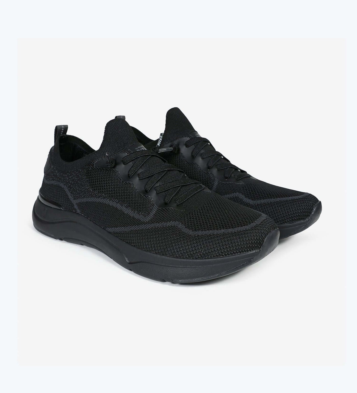 Black Cue Men’s Sneakers with memory foam, mesh fabric upper, elasticated laces, ultralight EVA sole, and soft grip heel cups.