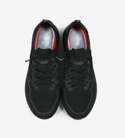 Black Cue Men’s Sneakers by Pitas with mesh fabric, no-tie laces, memory foam insole, and ultra-light EVA sole for all-day comfort.