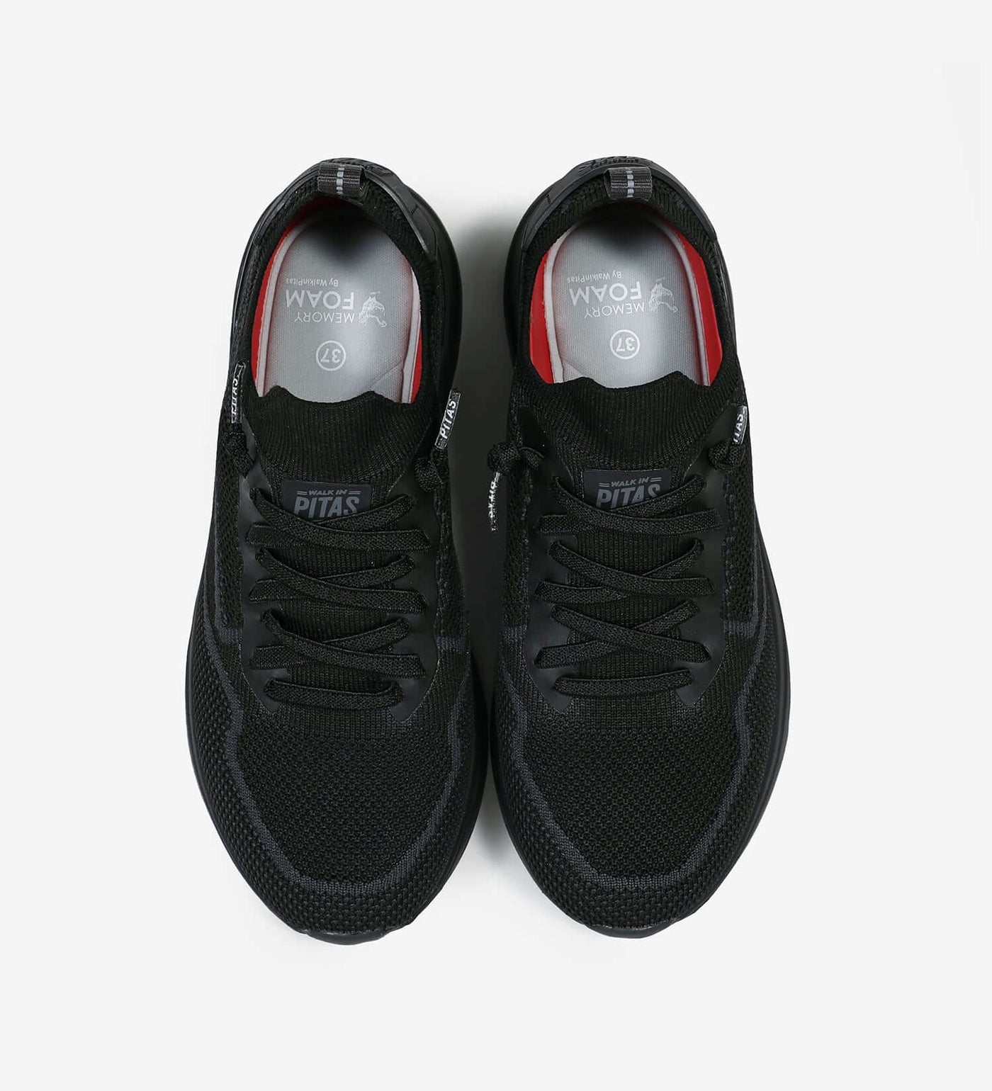 Black Cue Women's Sneakers by Pitas with mesh fabric upper, no-tie laces, memory foam insole, and ultralight EVA sole.