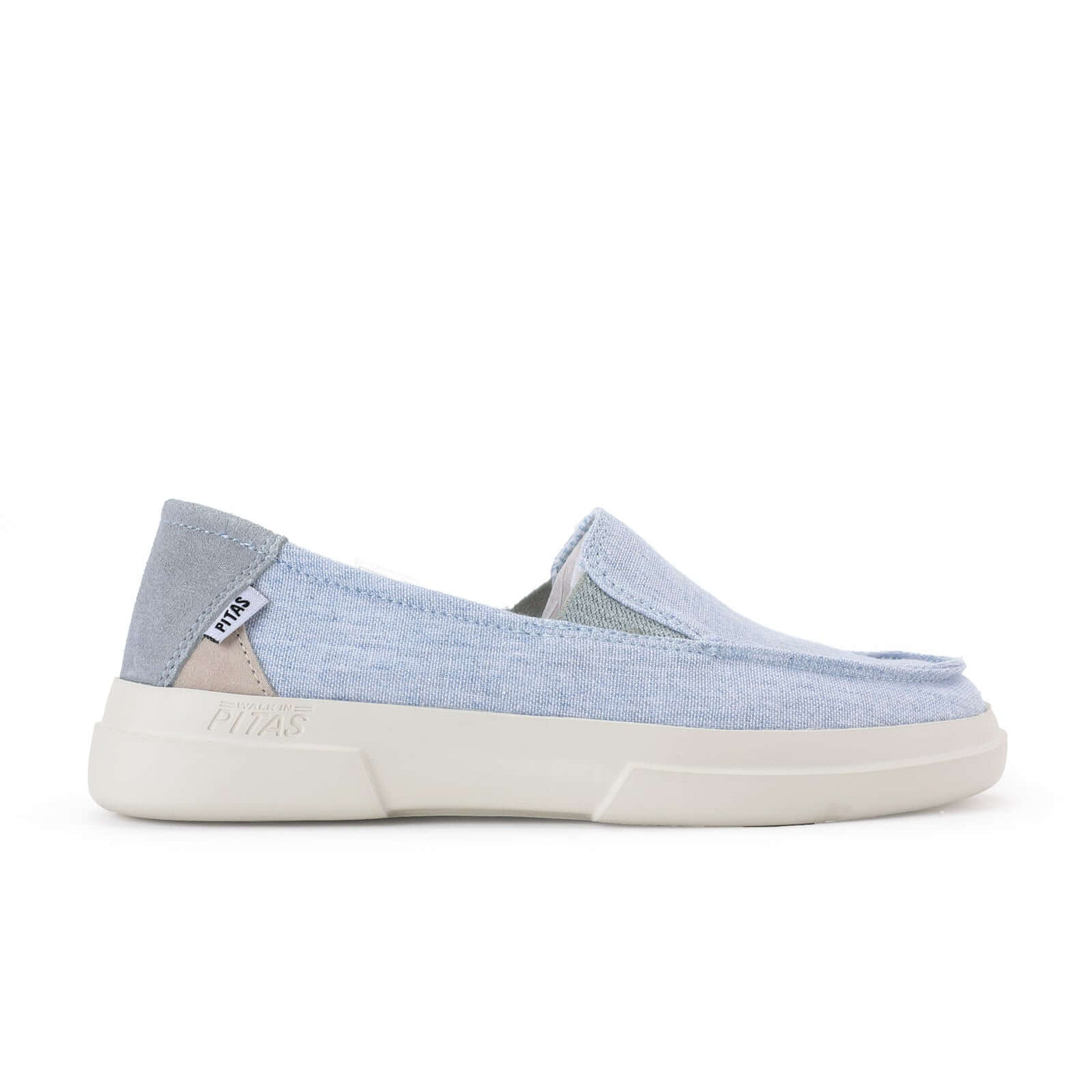 Light blue Jara Ultralight Slip-On with cotton upper, EVA sole, and flowery lining. Comfy, durable ladies' summer shoe.