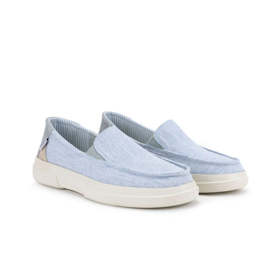 Jara Ultralight Slip-Ons for women, featuring blue cotton upper, elasticated gussets, and shock absorbent EVA sole. Comfy summer shoes.