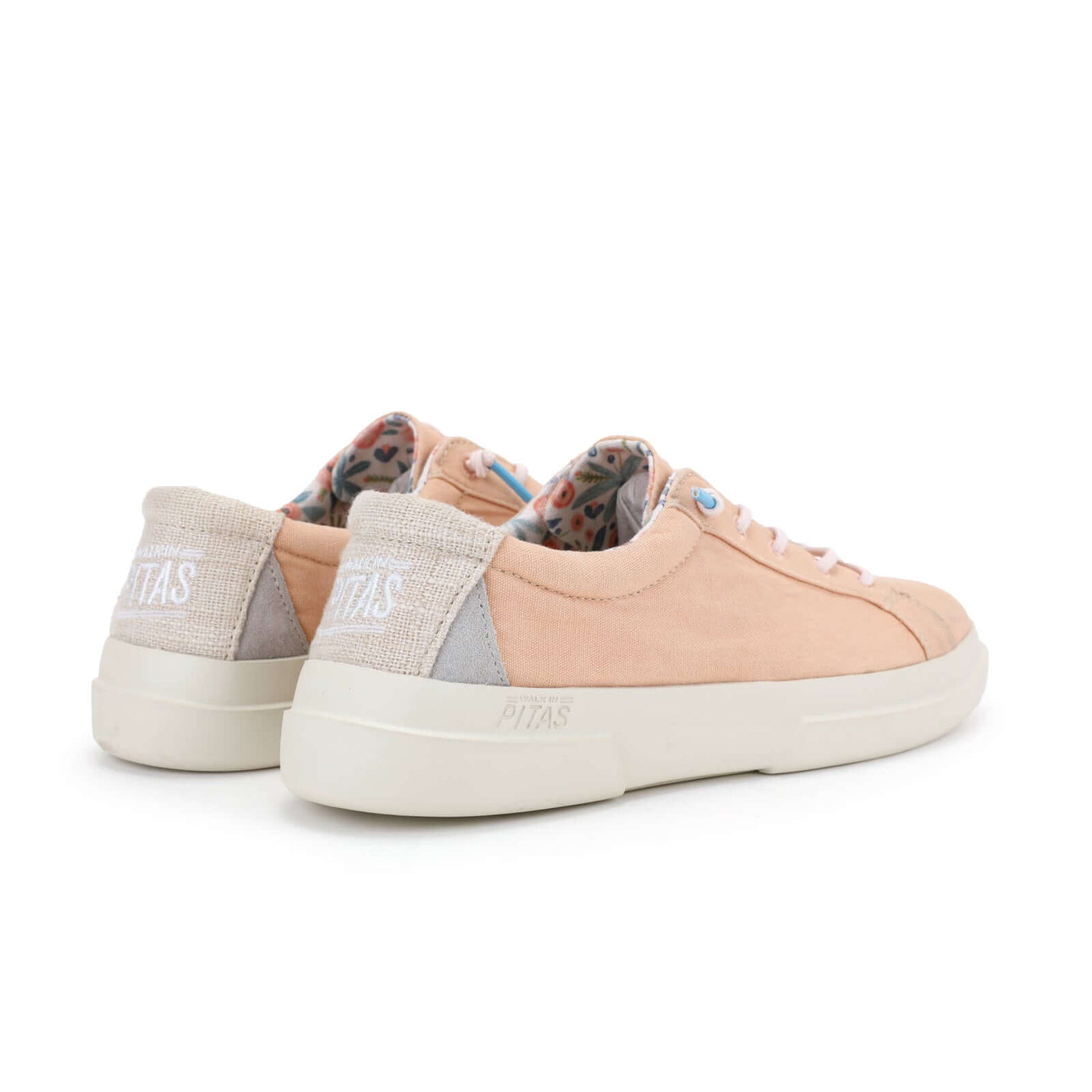 Peach Iris Ultralight Sneakers with elastic laces and flowery lining, featuring supportive heel and shock absorbent EVA sole.