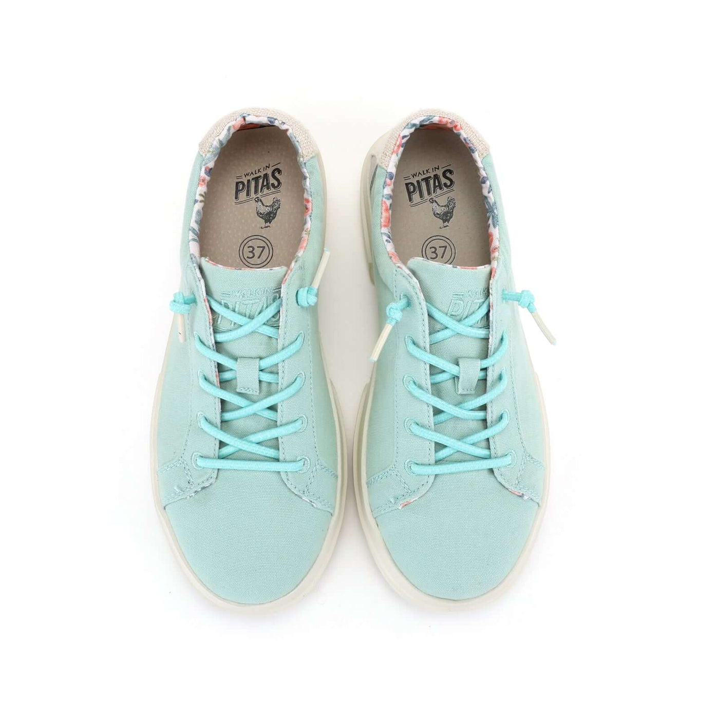 Iris Ultralight Sneakers with easy-on elastic laces, flowery lining, and EVA sole, top view of light blue summer sneakers.