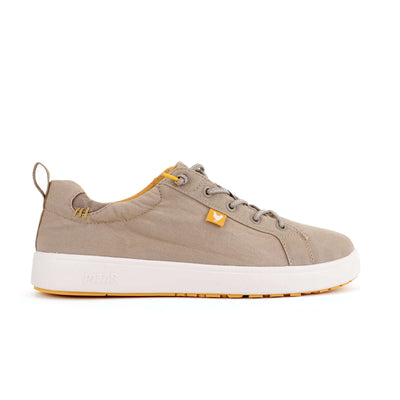 Malibu Hi-Grip Sneakers with easy-on elastic laces, cotton upper, ultralight EVA sole, and hi-grip rubber outsole in beige and yellow.