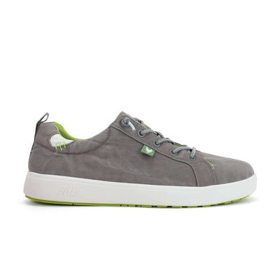 Grey Malibu Hi-Grip Sneakers with easy-on elastic laces, ultralight EVA sole, and green contrast rubber outsole for superior grip.