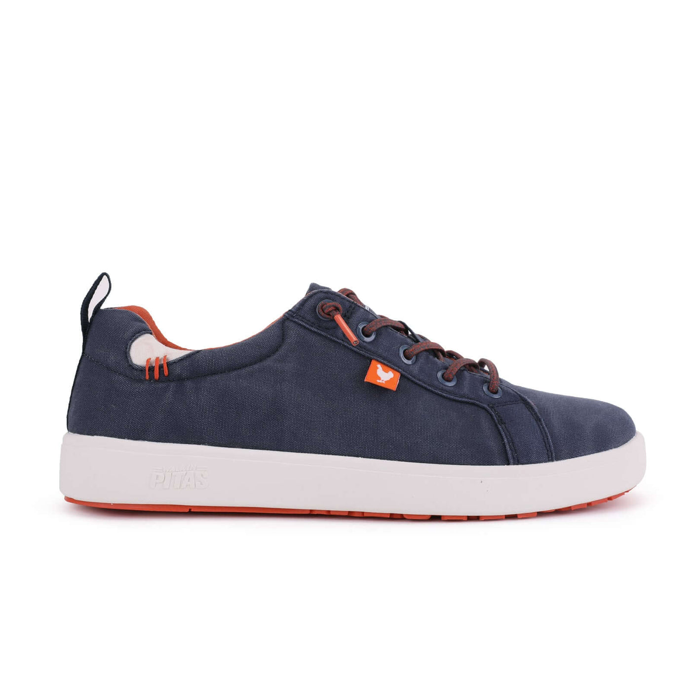 "Malibu Hi-Grip Sneakers with navy 100% cotton upper and bright contrast outsole, featuring easy-on elastic laces and supportive heel collar"