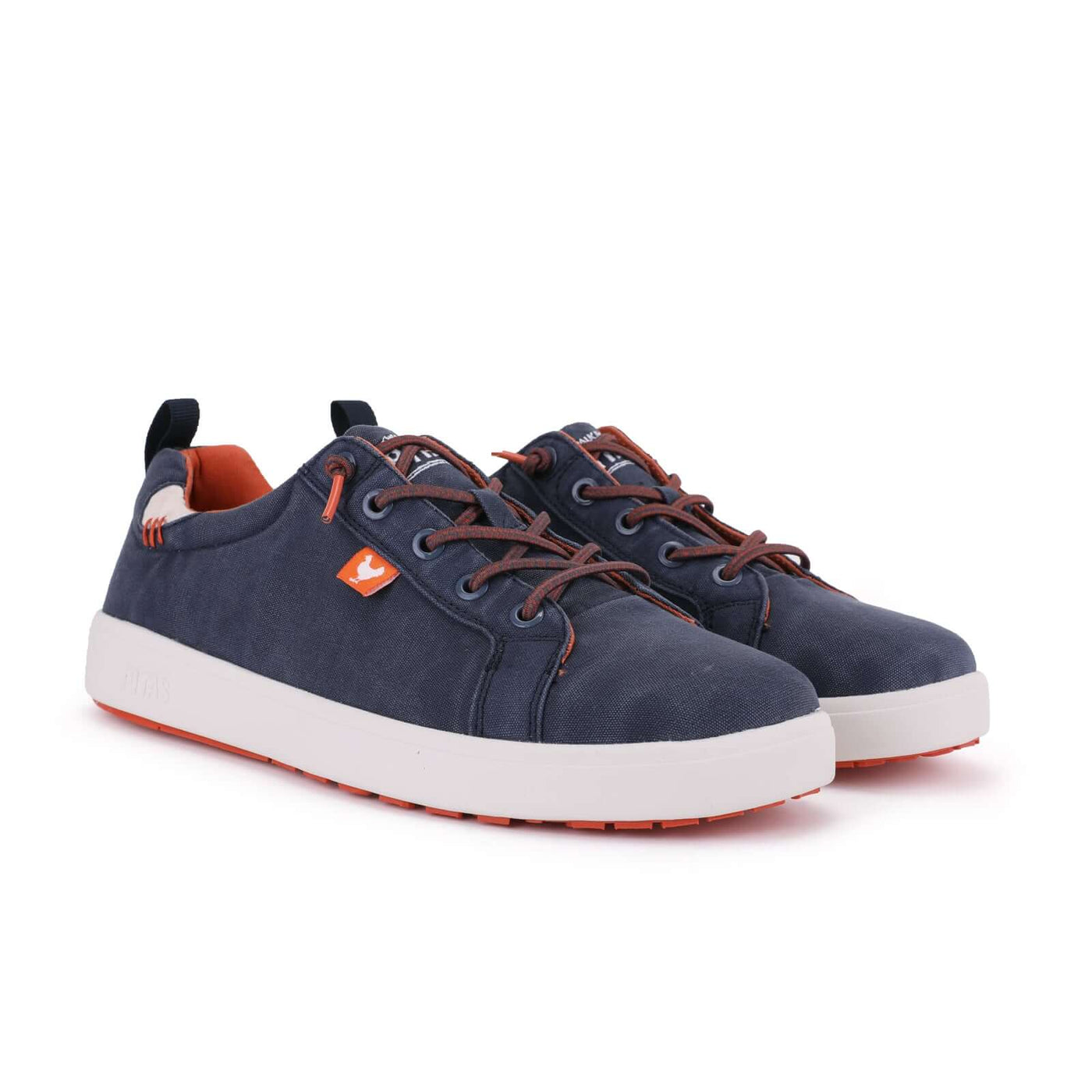 Malibu Hi-Grip Sneakers with navy blue cotton upper, orange details, and white sole, featuring easy-on elastic laces and a hi-grip outsole.