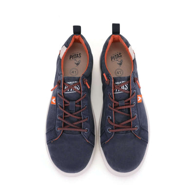 Malibu Hi-Grip Sneakers with navy cotton upper, easy-on elastic laces, and contrast rubber outsole, top view.