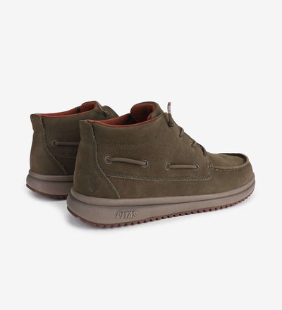 Olive green Timor Leather Boots by Pitas with non-slip soles, side view showcasing water-repellent treated leather and comfort insoles.