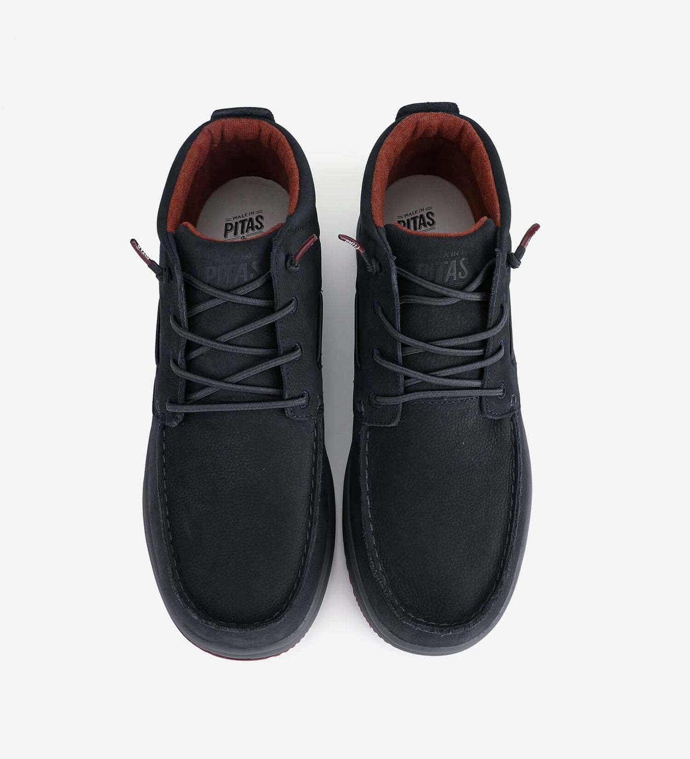 Black Timor Leather Boots by Pitas, top view showcasing durable water-repellent leather and comfortable insoles.