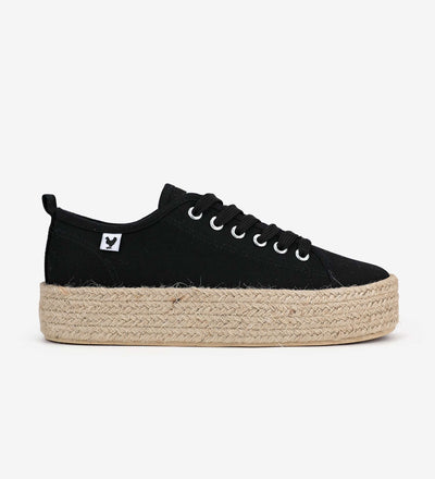 Black lace-up 4cm platform espadrille sneakers with jute band and rubber sole, offering Mediterranean summer style and comfort.