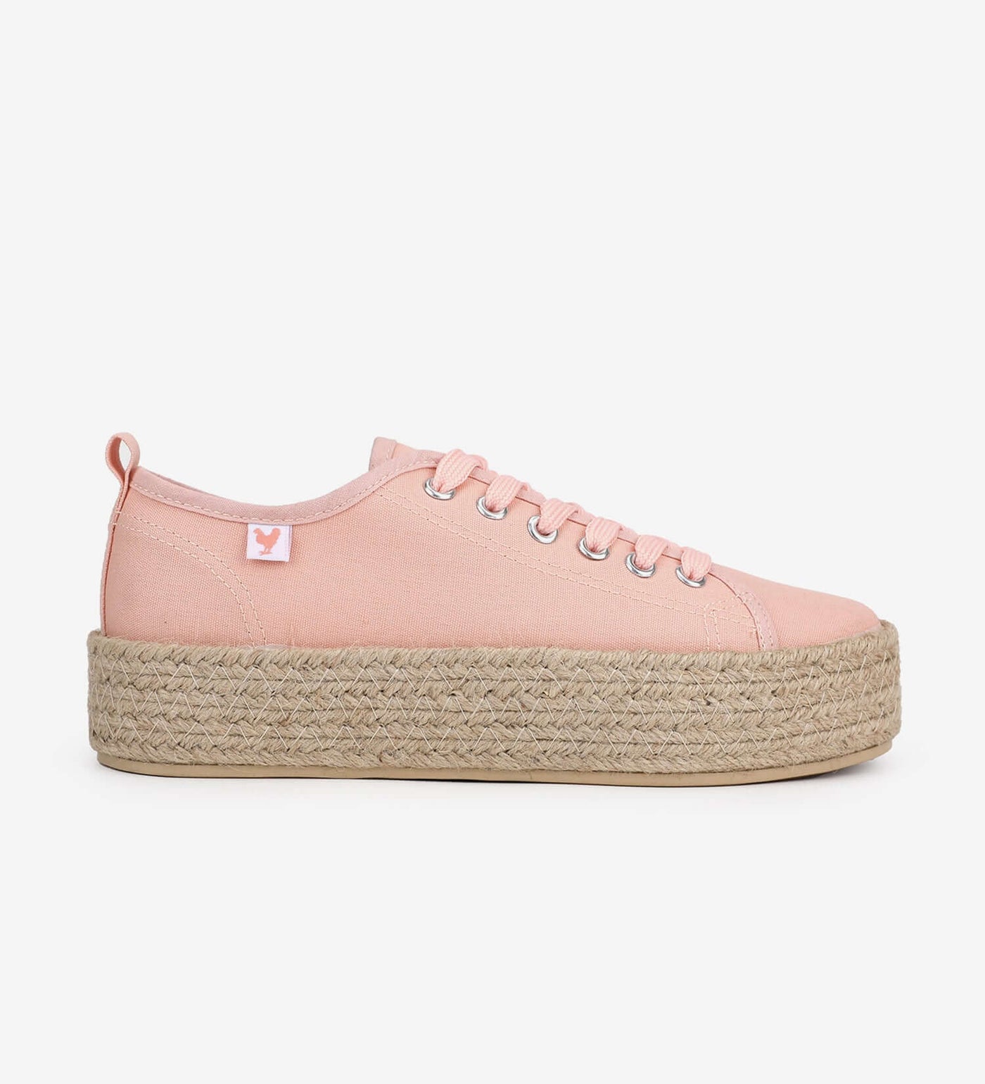 Pink lace-up espadrille sneakers with 4cm jute platform, featuring durable linen fabric and a Mediterranean summer style.