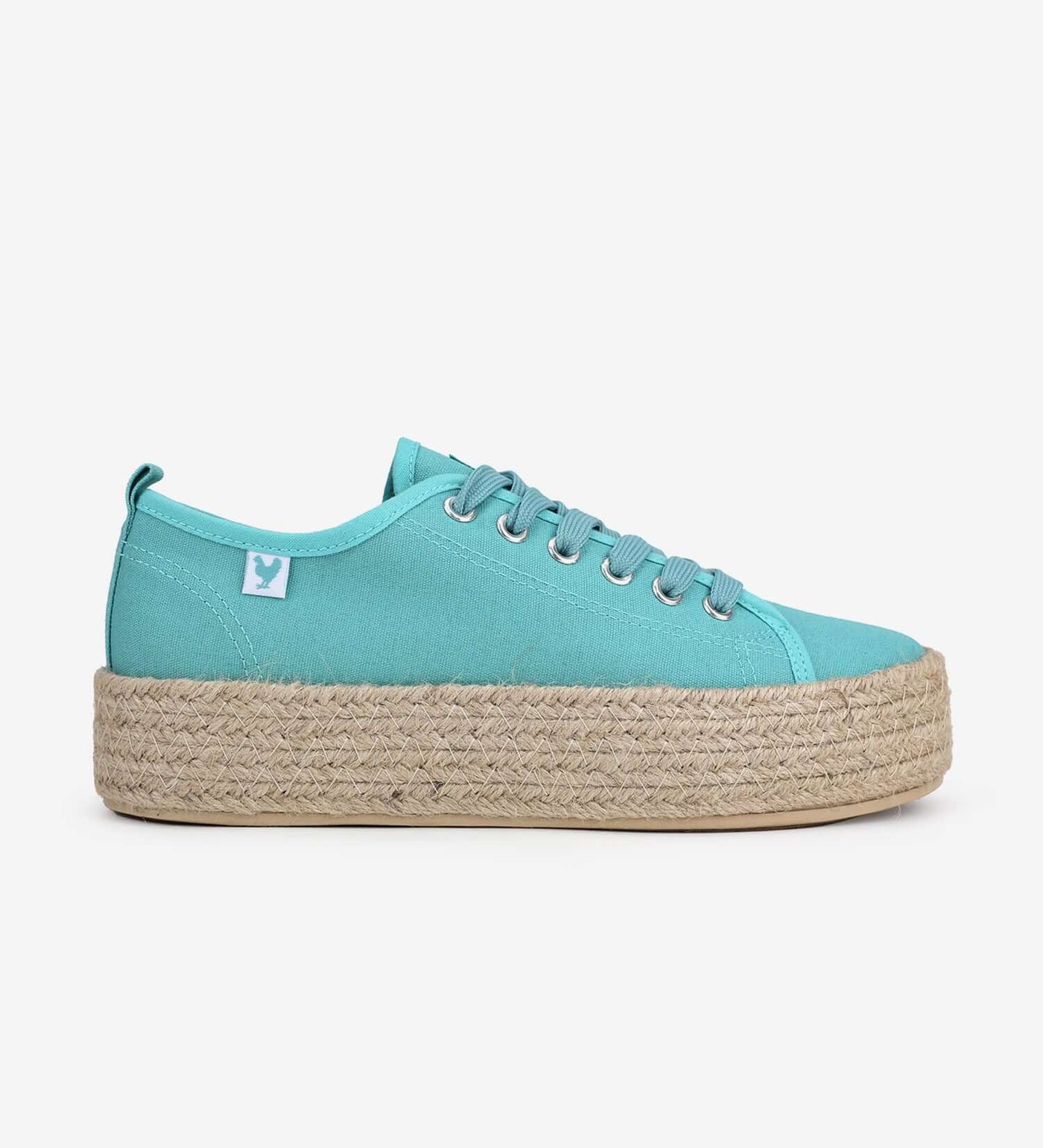 Turquoise lace-up platform espadrille sneakers with jute sole, featuring canvas upper and 4cm lift for a vibrant summer style.