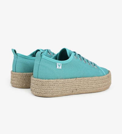 Turquoise lace-up 4cm platform espadrille sneakers with jute band and durable linen fabric, perfect for a vibrant summer style.