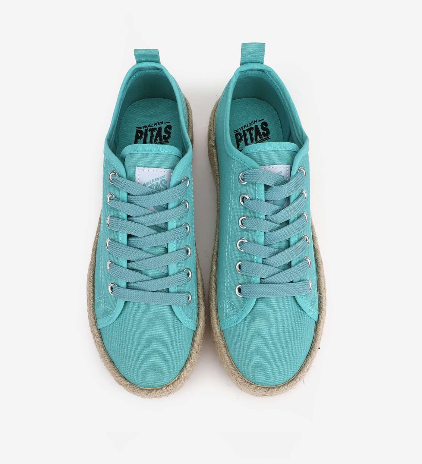 Turquoise canvas lace-up espadrille sneakers with a 4cm jute platform, featuring a rubber sole and vibrant Mediterranean style.